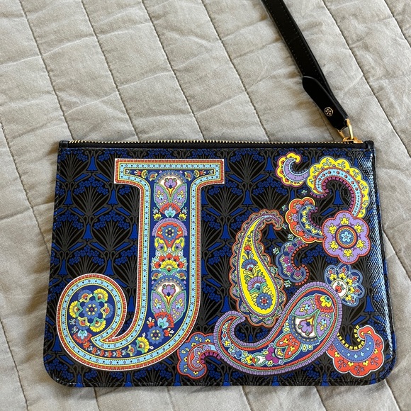 Liberty of London Handbags - Liberty of London Black and Blue Clutch with Multicolor Paisley Initial